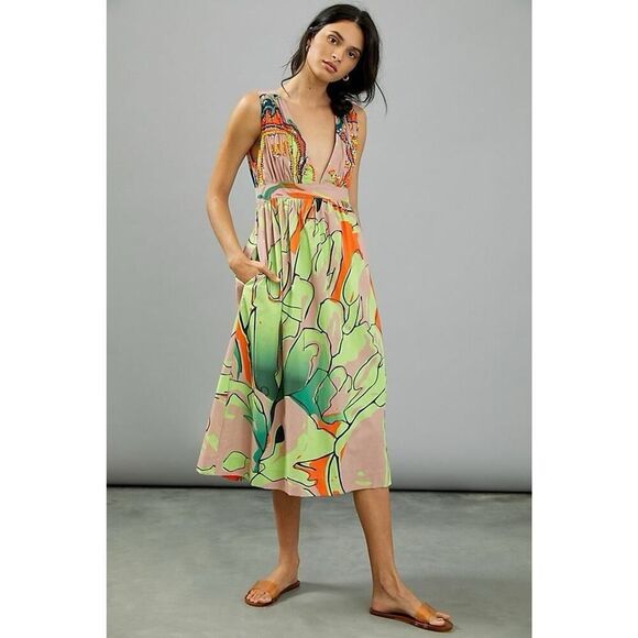 Anthropologie Nerida Midi Dress Medium Beaded V-Neck Colorful Print Cotton - Picture 4 of 14